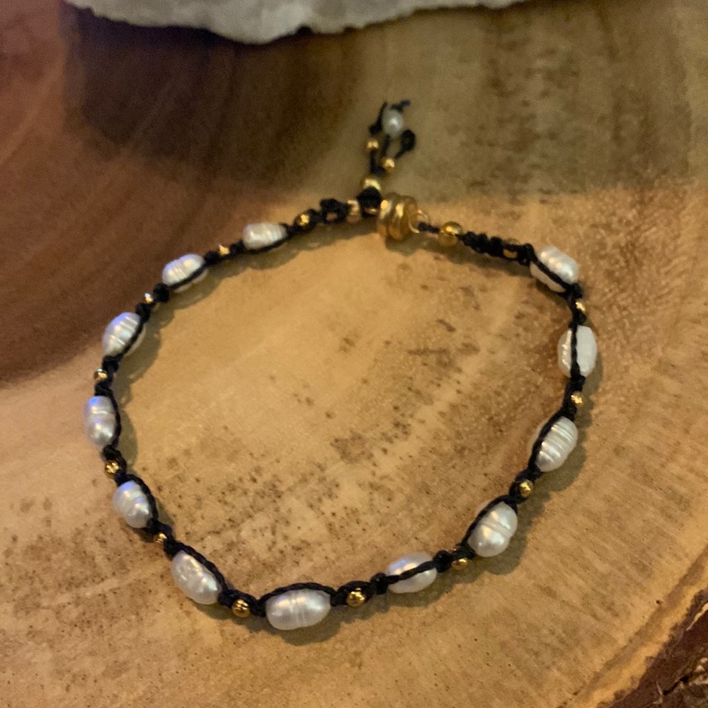 Black and white macrame bracelet.  Gold and white freshwater pearl bracelet.